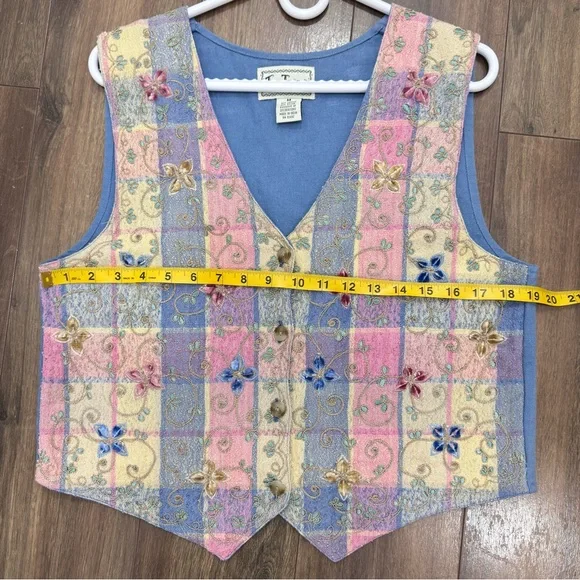 TanTrums vintage Y2K 1990s Embroidered Floral Patchwork Vest in Pastel Stripes M - Picture 7 of 9